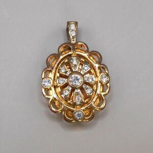 VTG Gold Tone Round CZ Locket Pendant | 1" Sparkling Flower Design